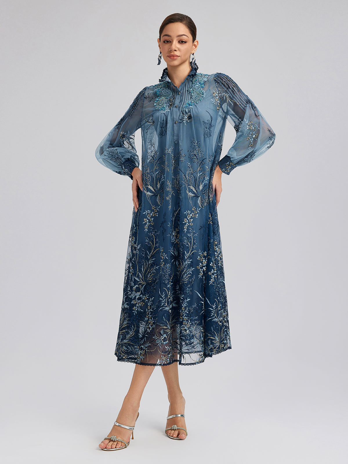 Vine Silver-Thread Embroidered Beaded Lace Dress (Belt Included)