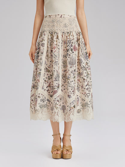 Silk-Linen Botanical Print Lace Skirt