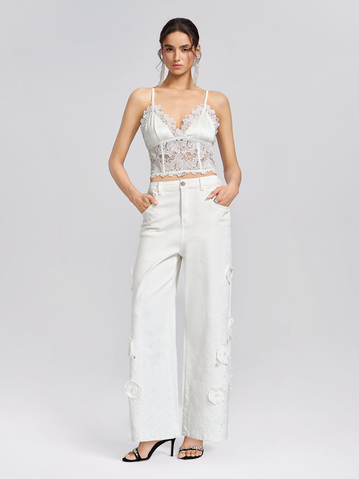 3D Floral Embroidered Beaded Wide-Leg Jeans