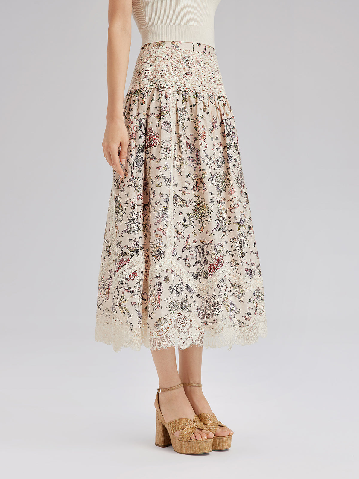 Silk-Linen Botanical Print Lace Skirt