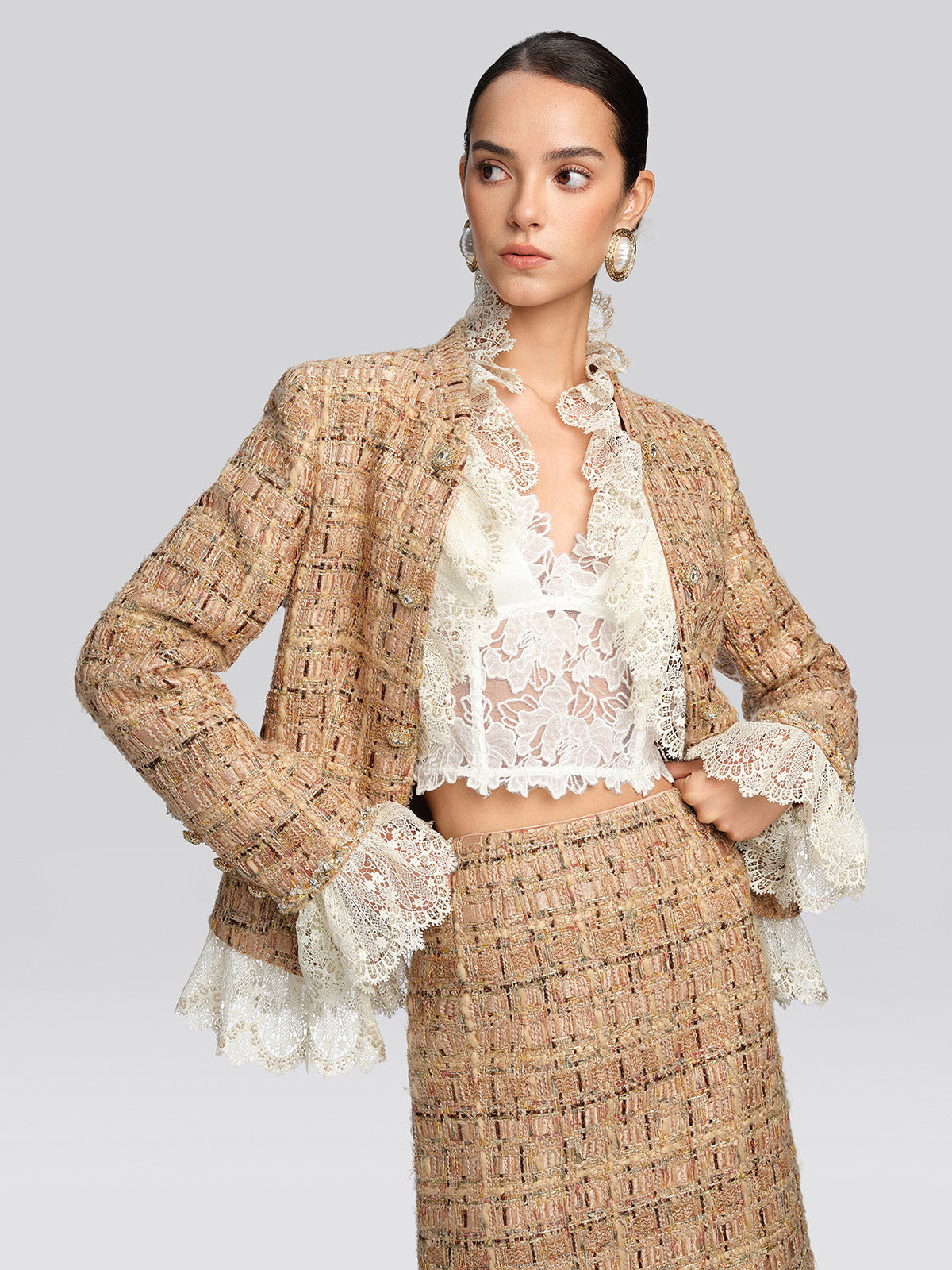 Textured Tweed Lace Trim Button Jacket