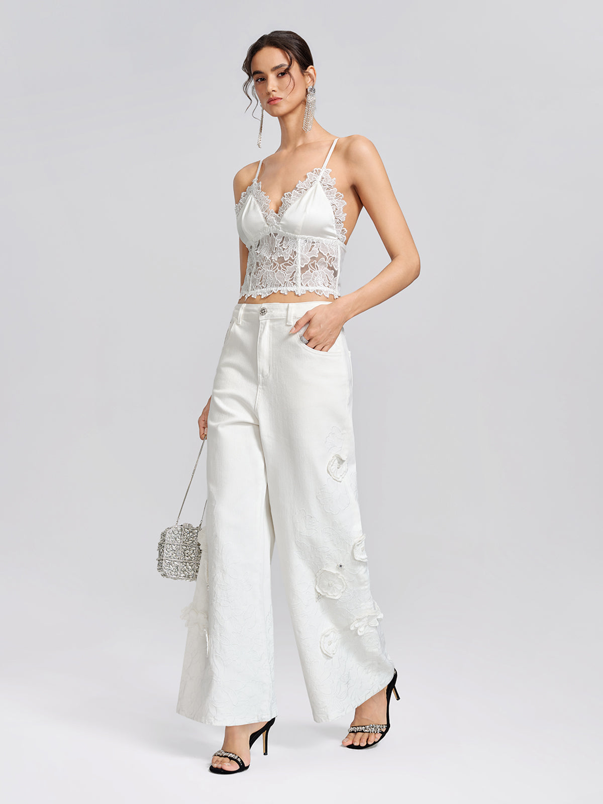 3D Floral Embroidered Beaded Wide-Leg Jeans