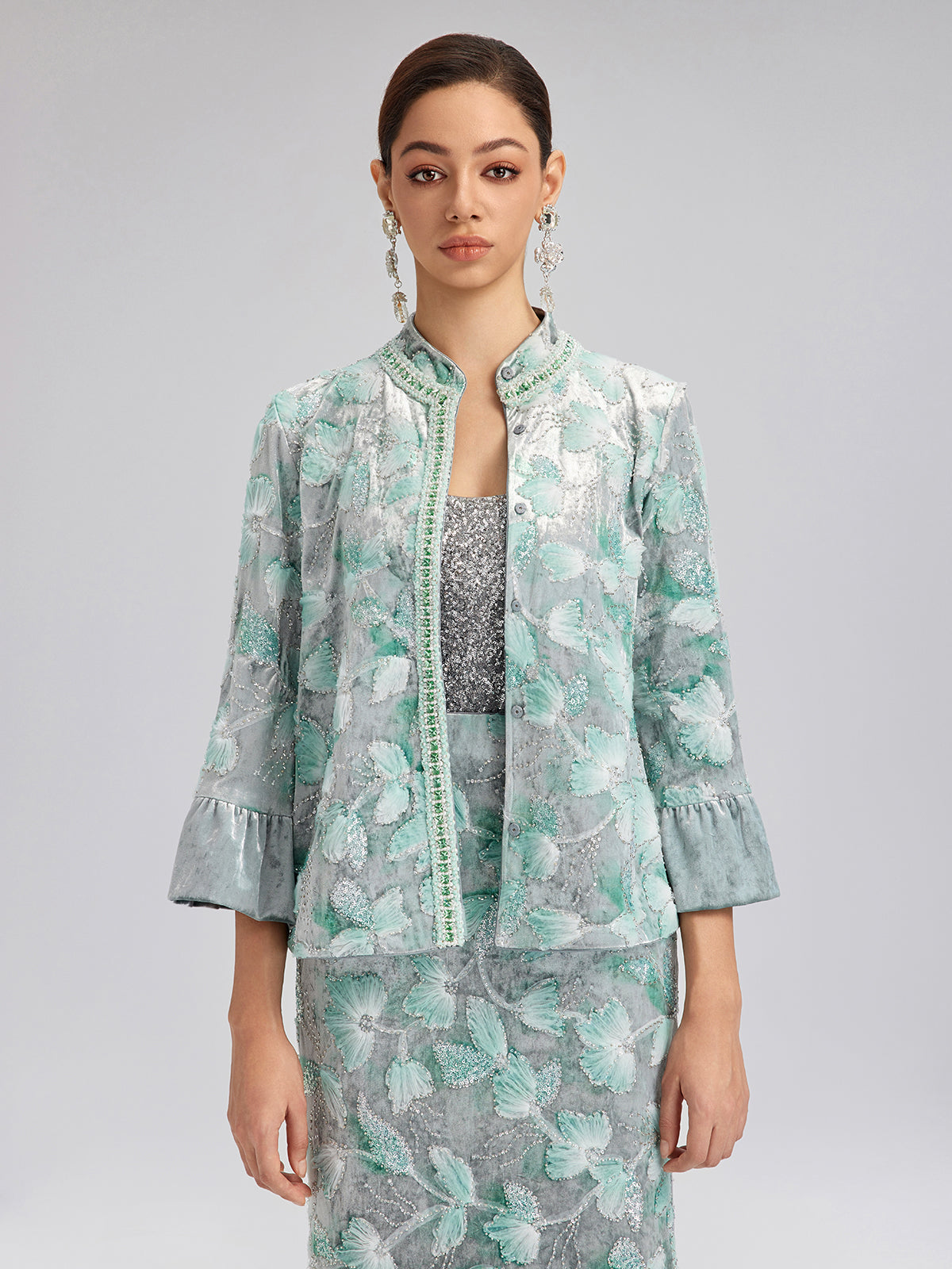 Beaded Floral Embroidered Velvet Stand Collar Jacket