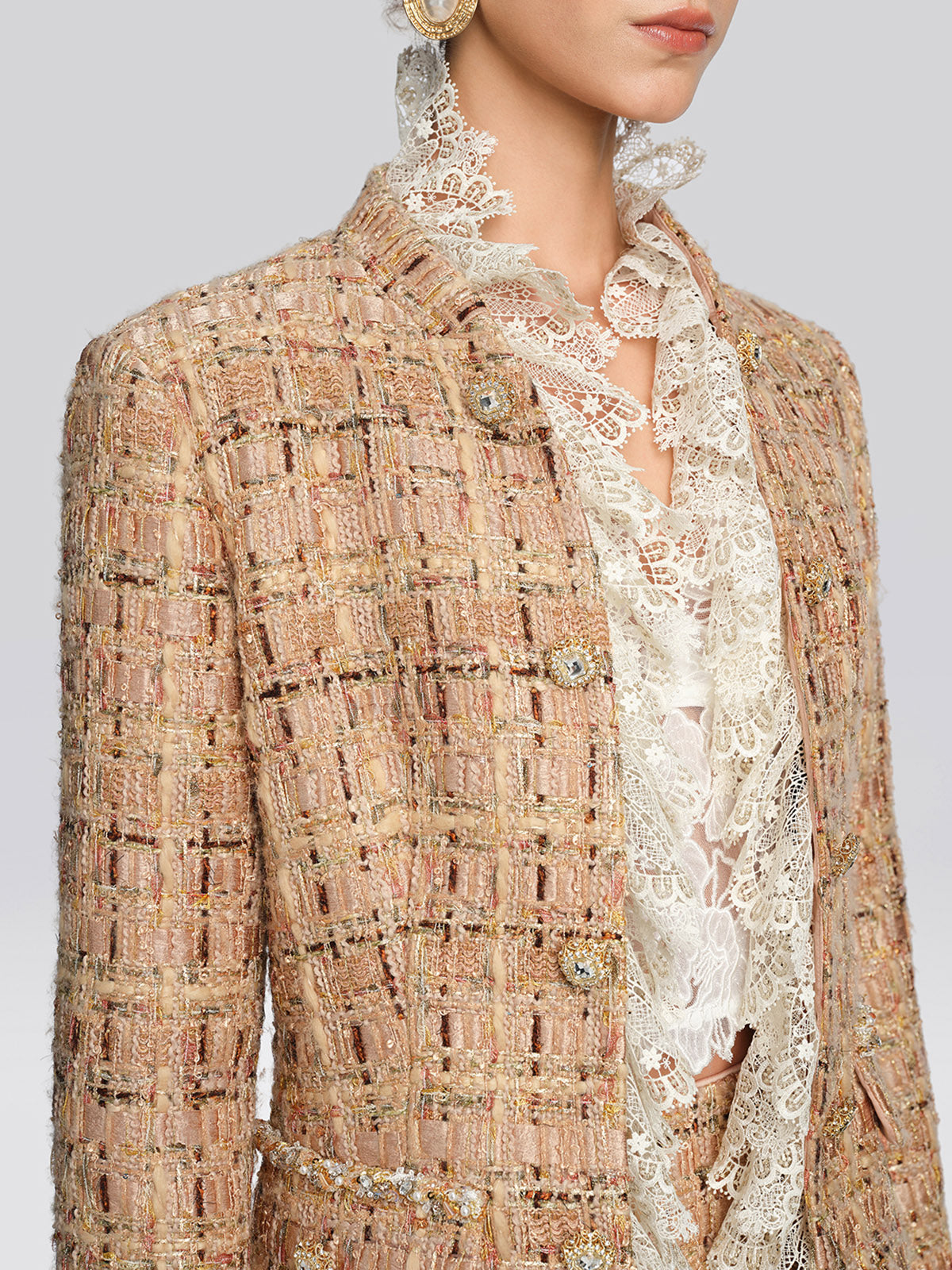 Textured Tweed Lace Trim Button Jacket