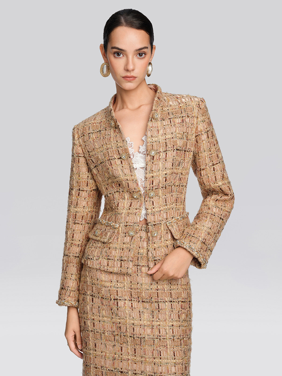 Textured Tweed Lace Trim Button Jacket