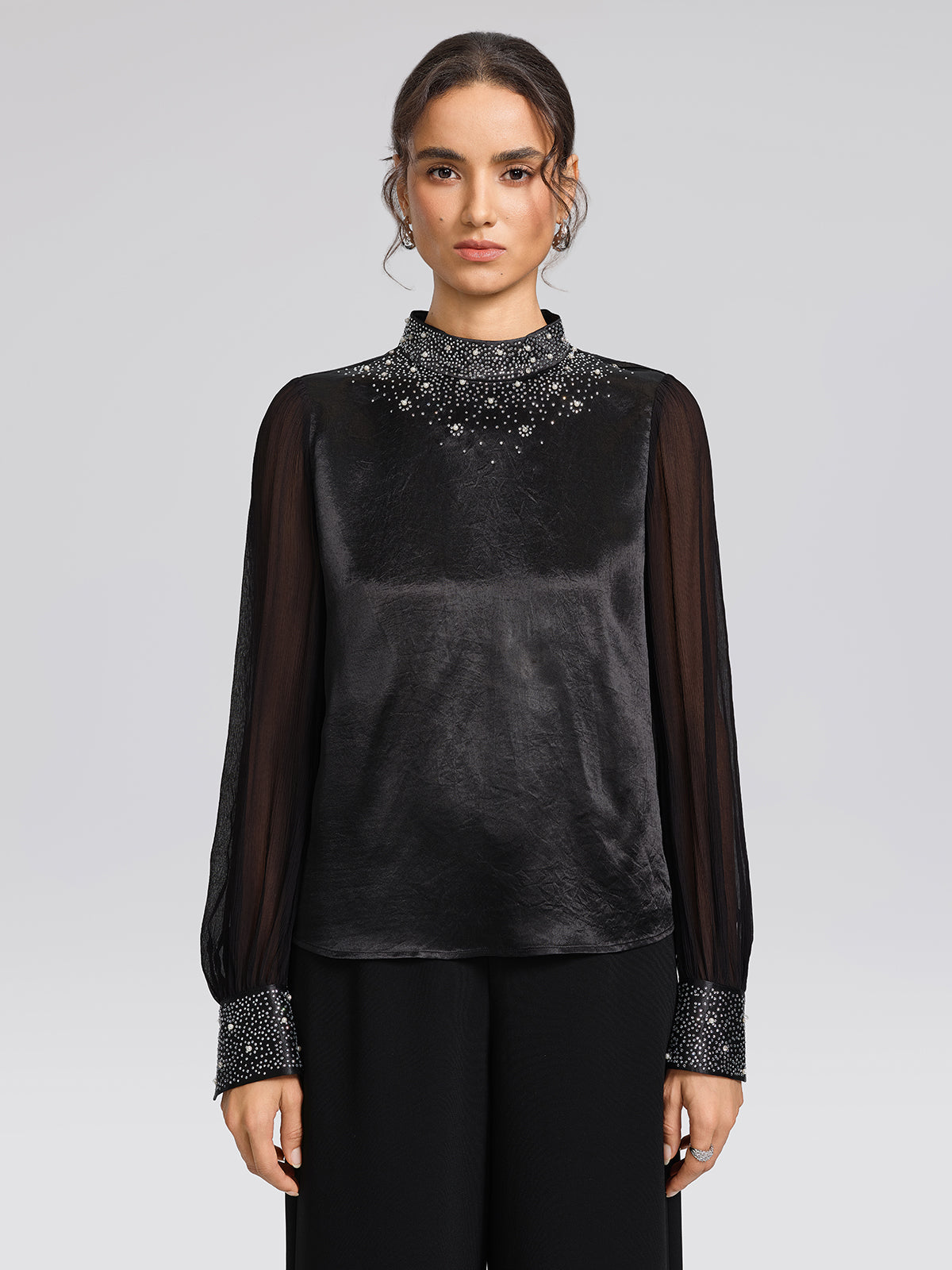 Satin Mesh Rhinestone Mock-Neck Blouse