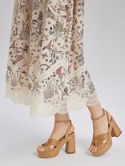 Silk-Linen Botanical Print Lace Skirt
