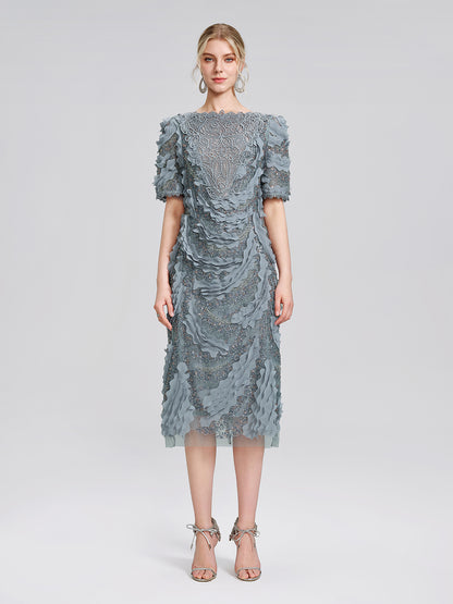 Lace Beaded Ruffle Straight Dress