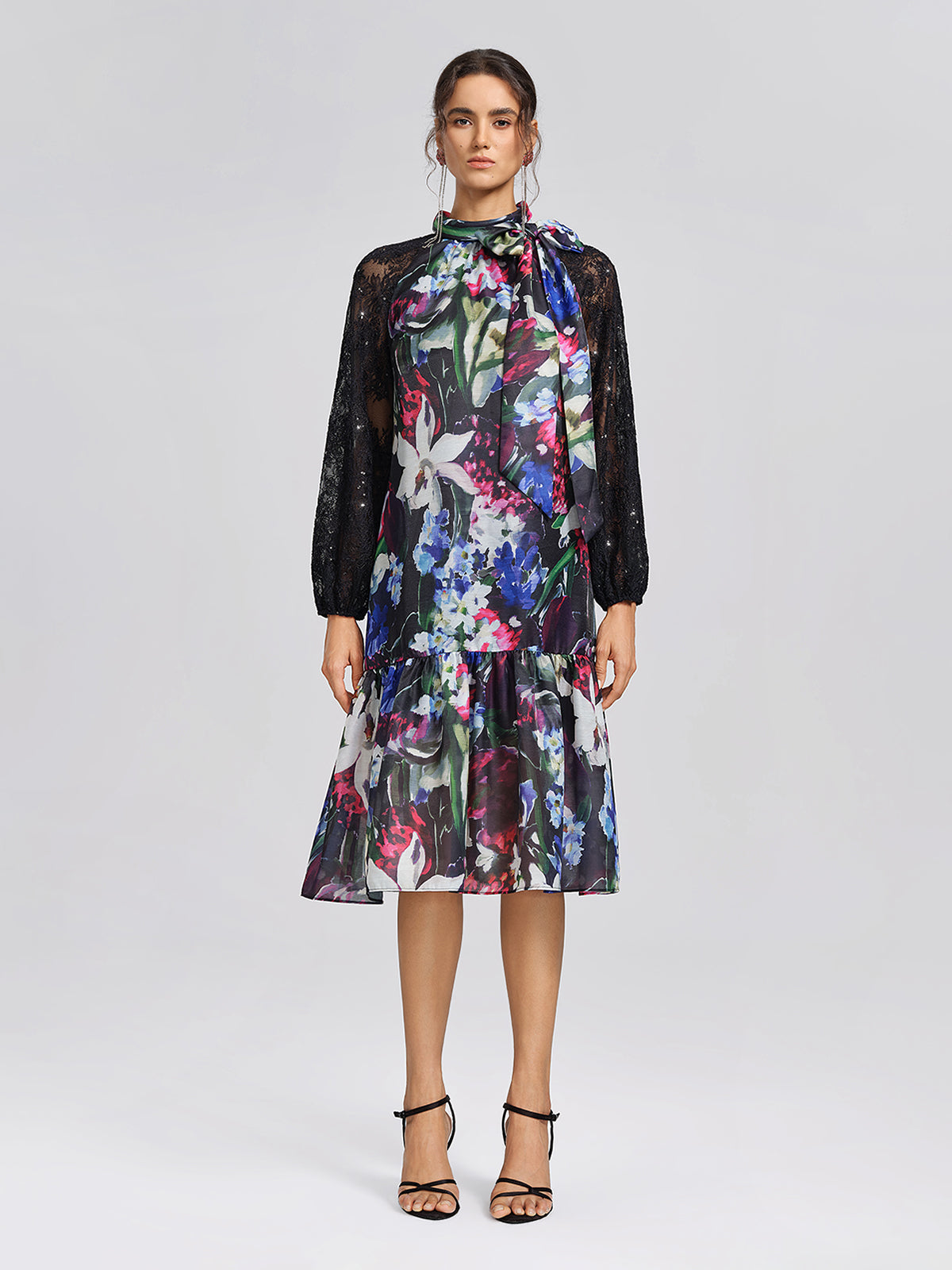 Artistic Floral Print Lace Sleeve Dress