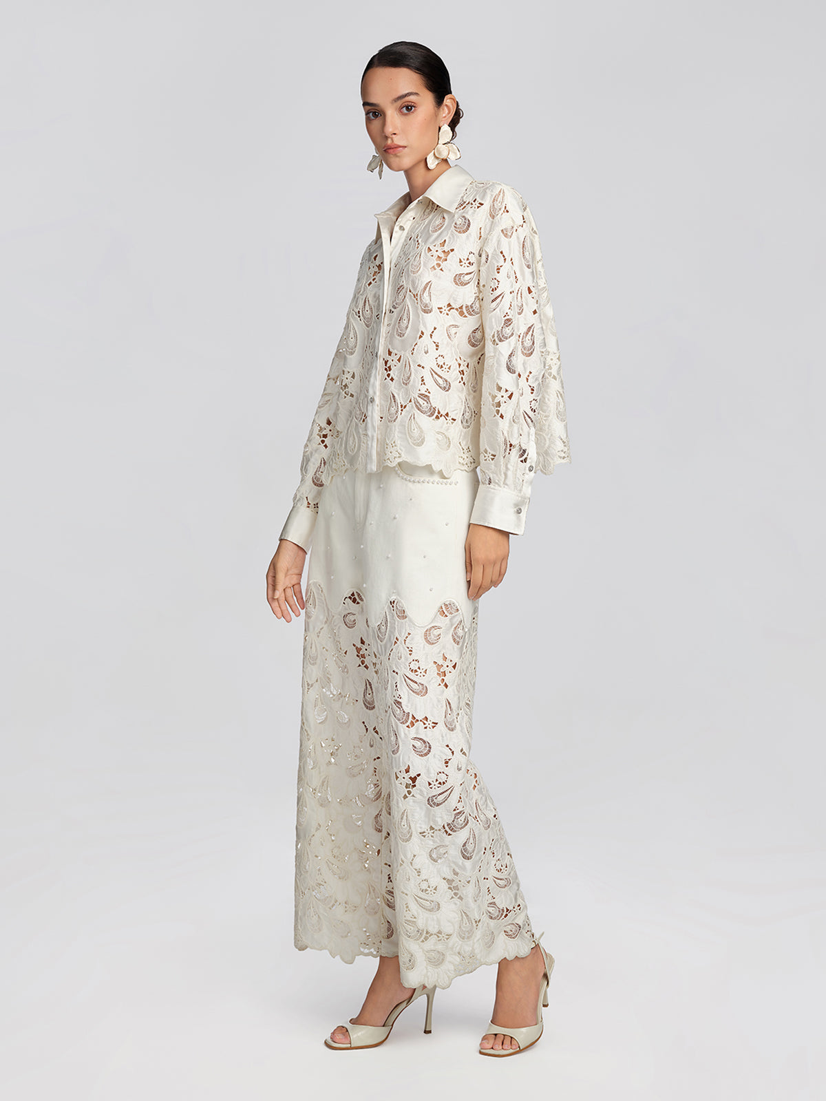 Lace Panel Pearl Wide Leg Pants