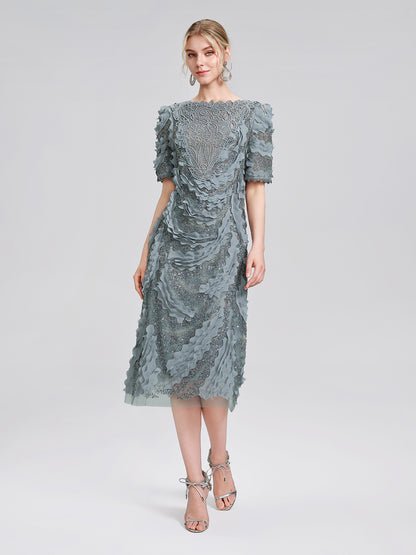 Lace Beaded Ruffle Straight Dress