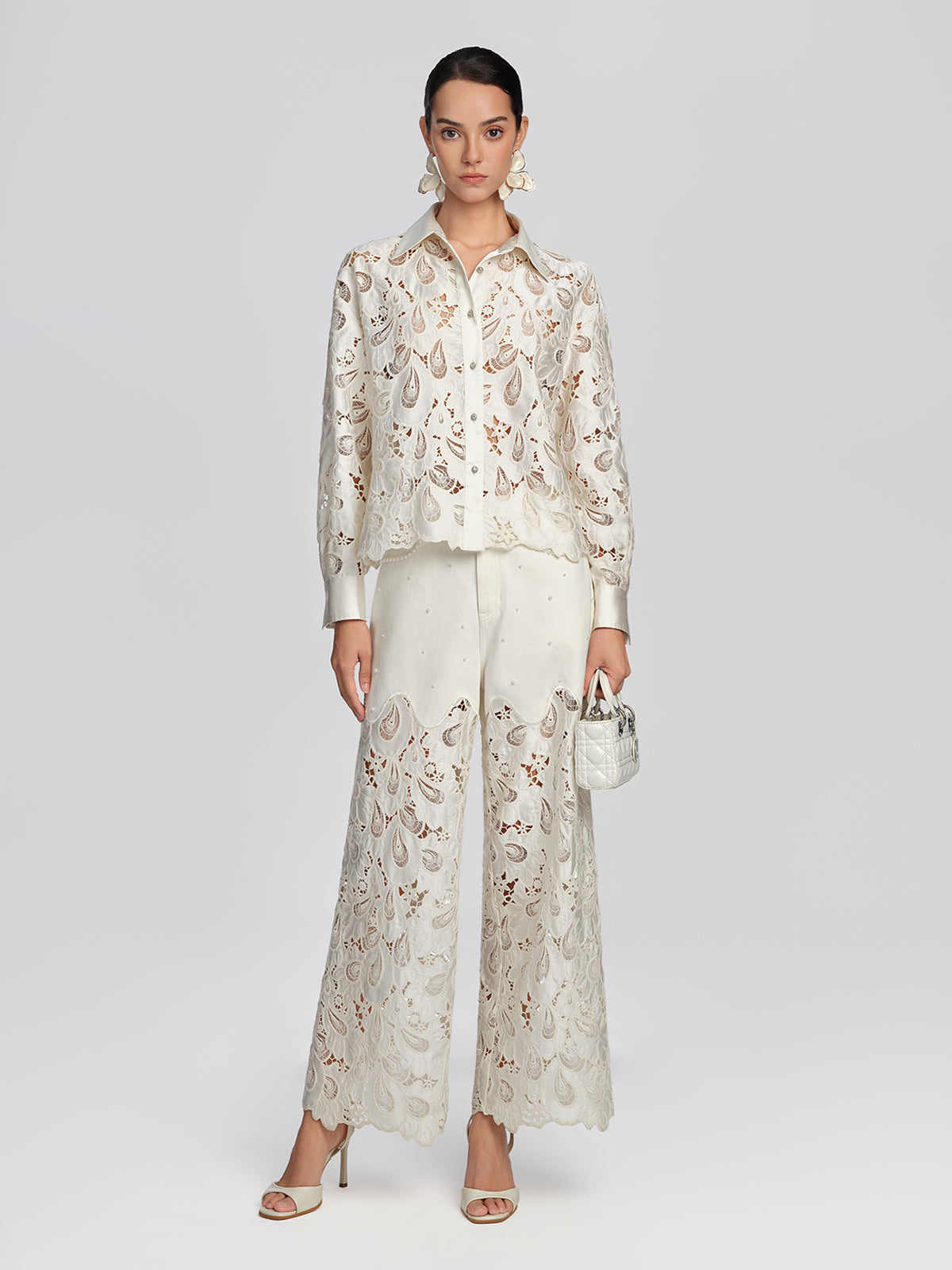 Lace Panel Pearl Wide Leg Pants