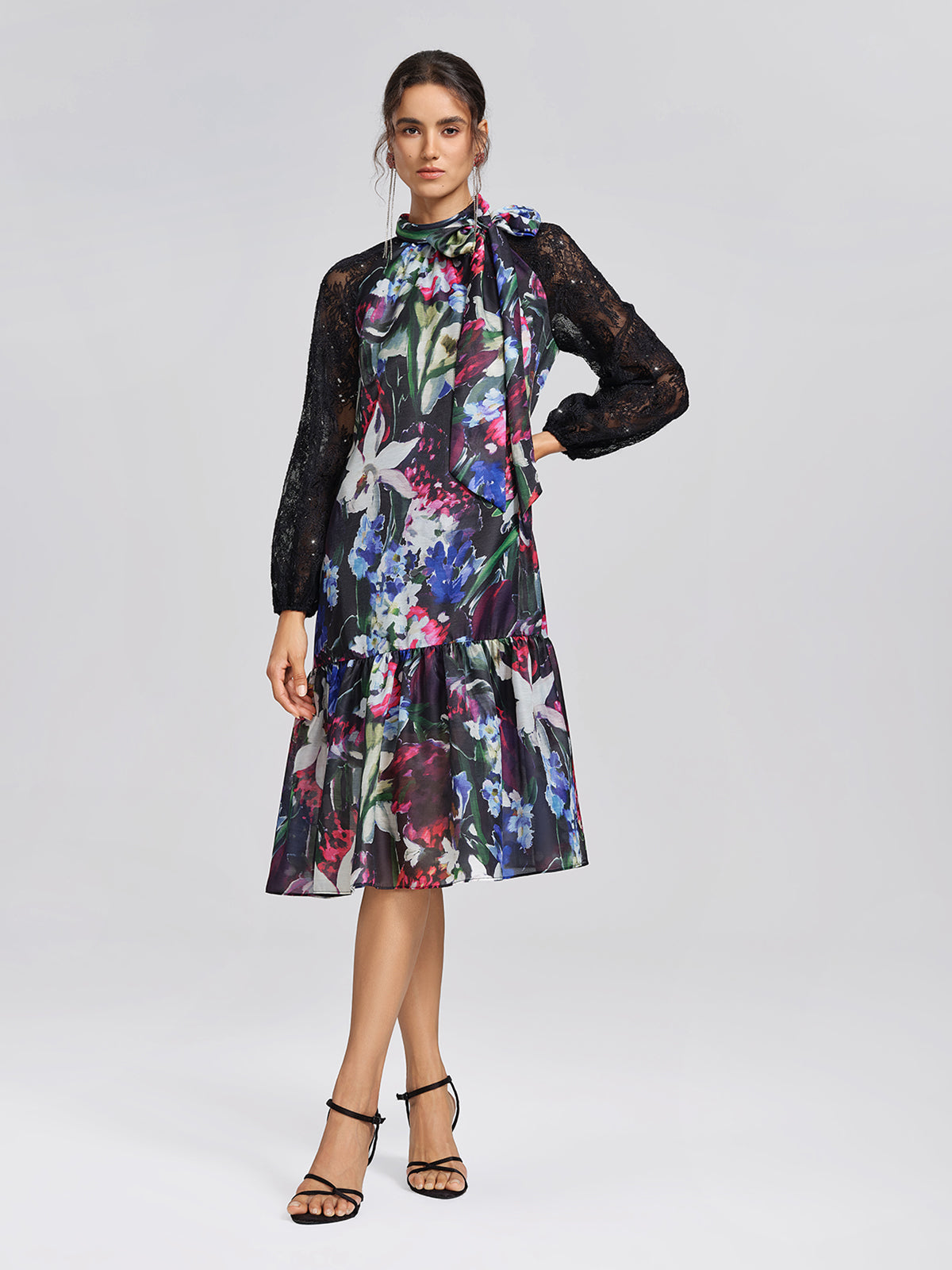 Artistic Floral Print Lace Sleeve Dress