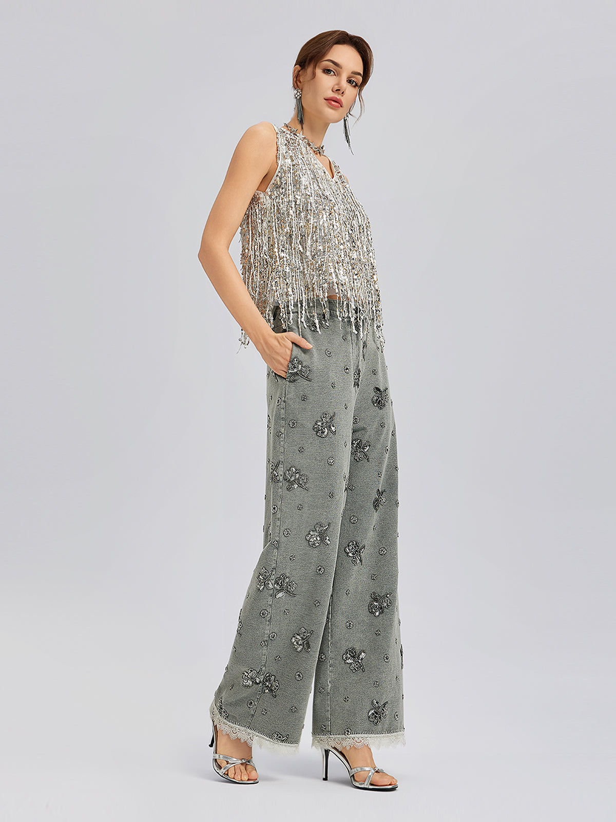 Garment Dyeing Beaded Denim Lace-Trim Pants