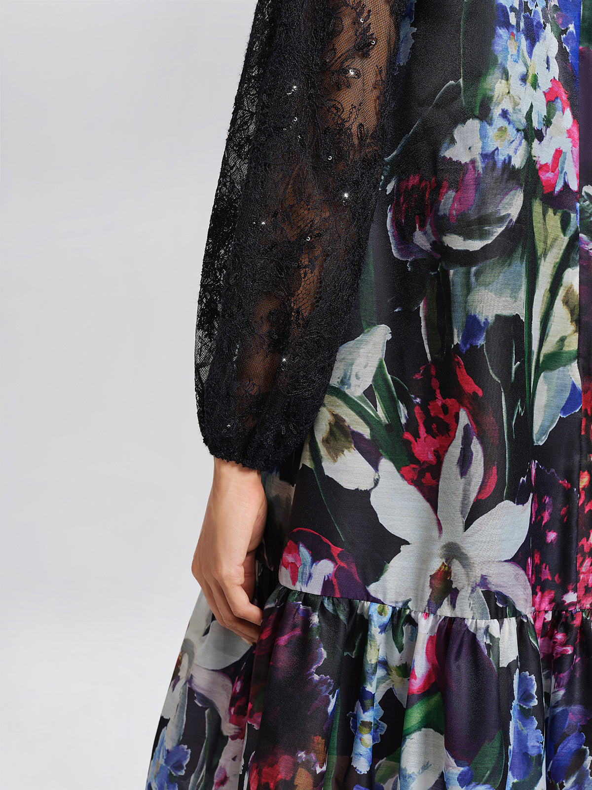 Artistic Floral Print Lace Sleeve Dress