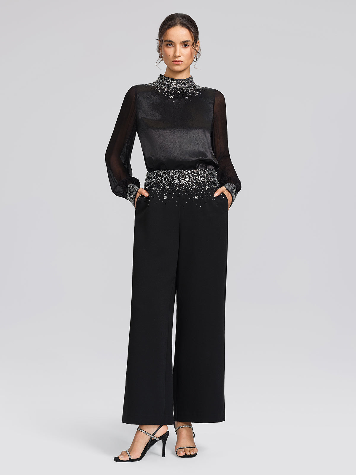 Satin Mesh Rhinestone Mock-Neck Blouse