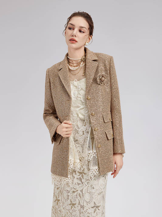Gold Sequined Camellia Brooch Jacket