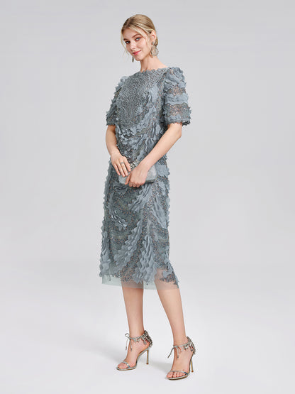Lace Beaded Ruffle Straight Dress