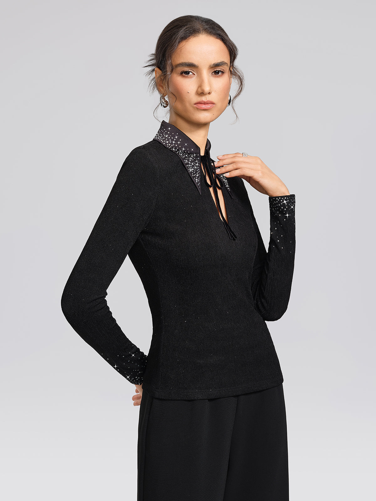 Textured Rhinestone Pointed-Collar Blouse