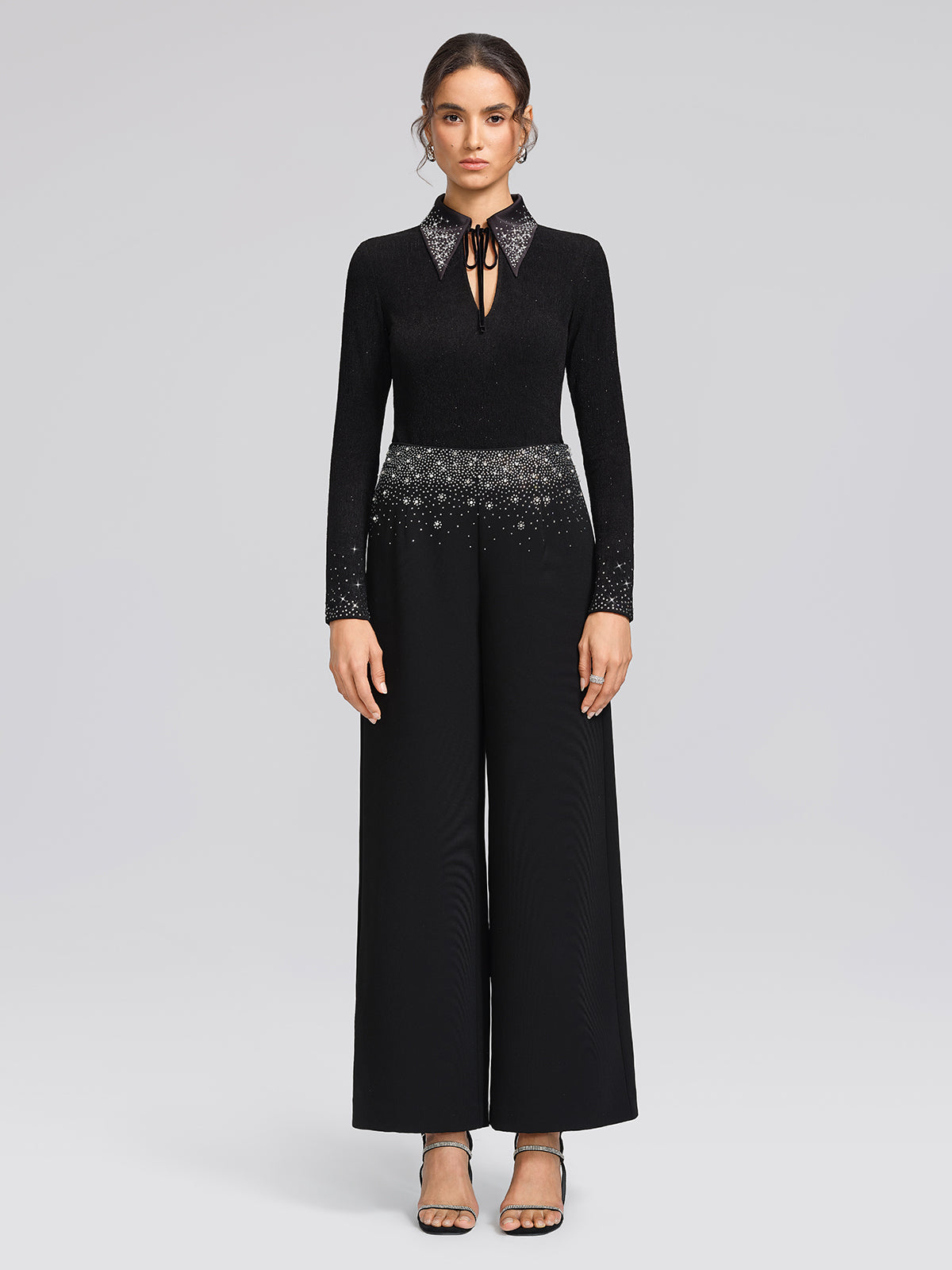 Textured Rhinestone Pointed-Collar Blouse