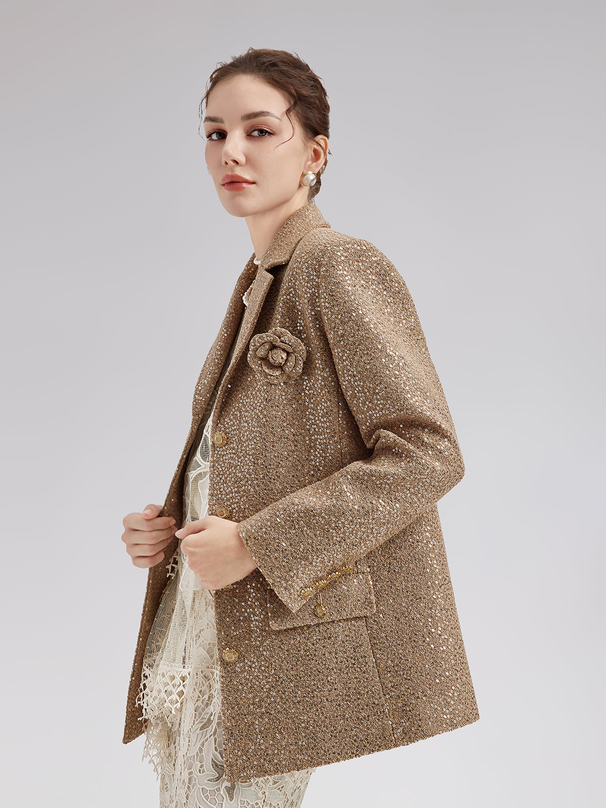 Gold Sequined Camellia Brooch Jacket