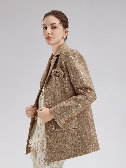 Gold Sequined Camellia Brooch Jacket