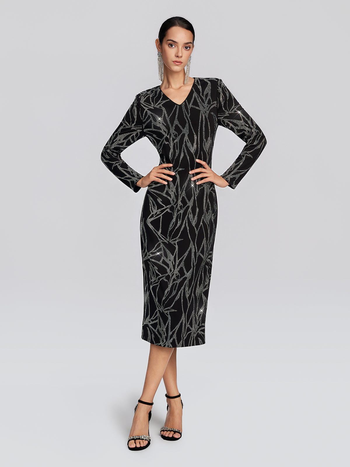 Stretch Fabric Rhinestone Bamboo Pattern Dress