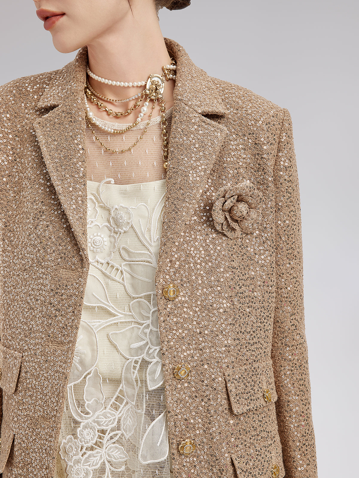 Gold Sequined Camellia Brooch Jacket