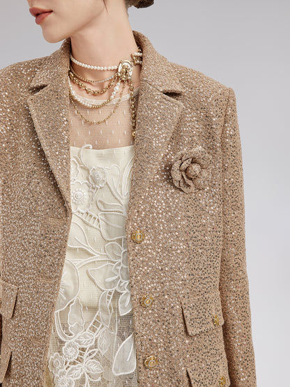 Gold Sequined Camellia Brooch Jacket
