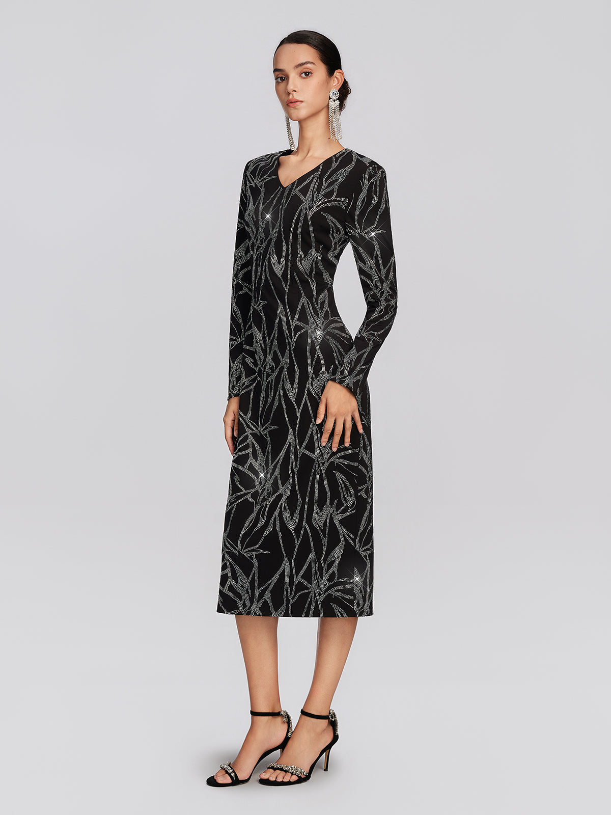 Stretch Fabric Rhinestone Bamboo Pattern Dress