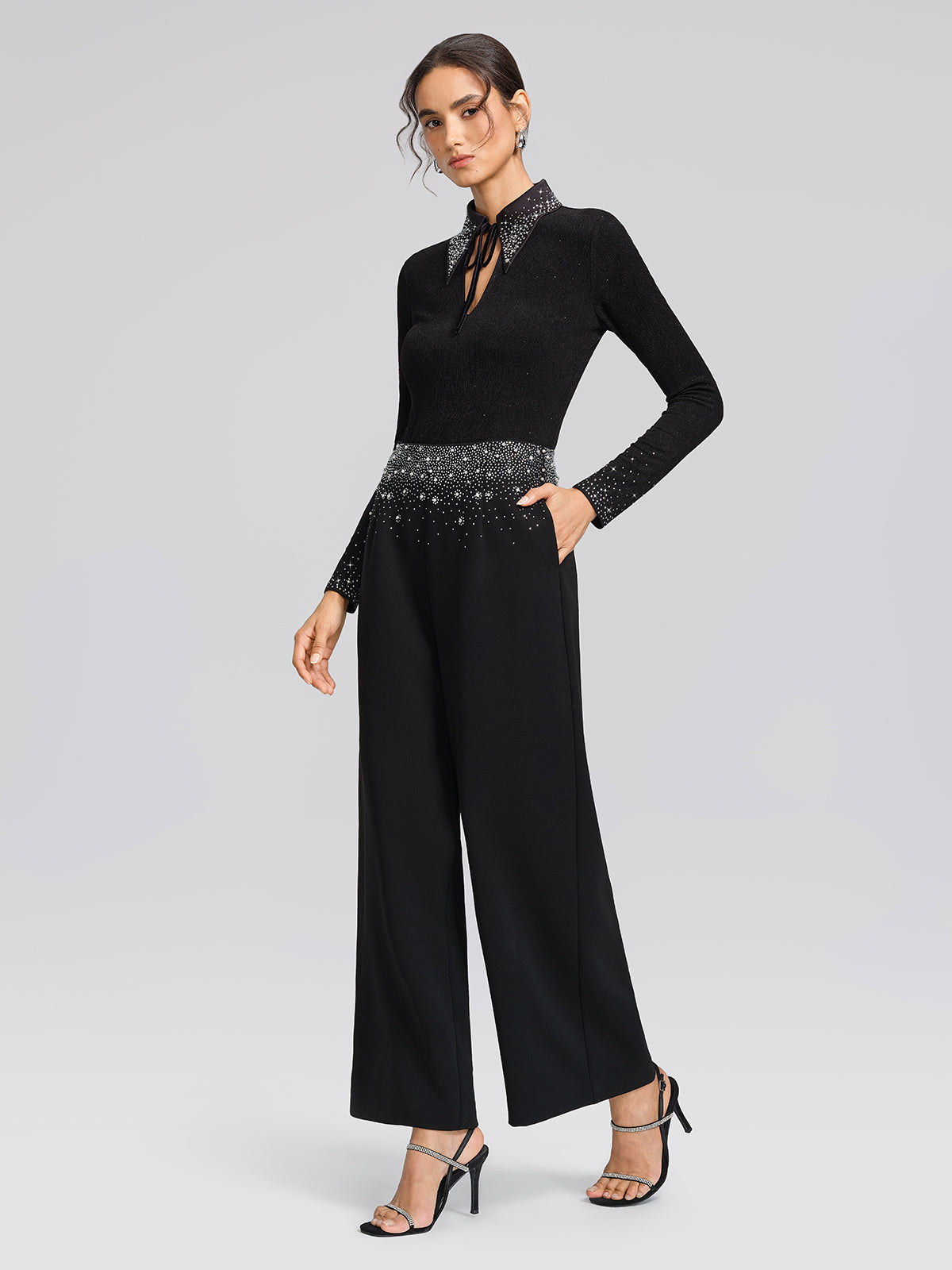 Textured Rhinestone Pointed-Collar Blouse