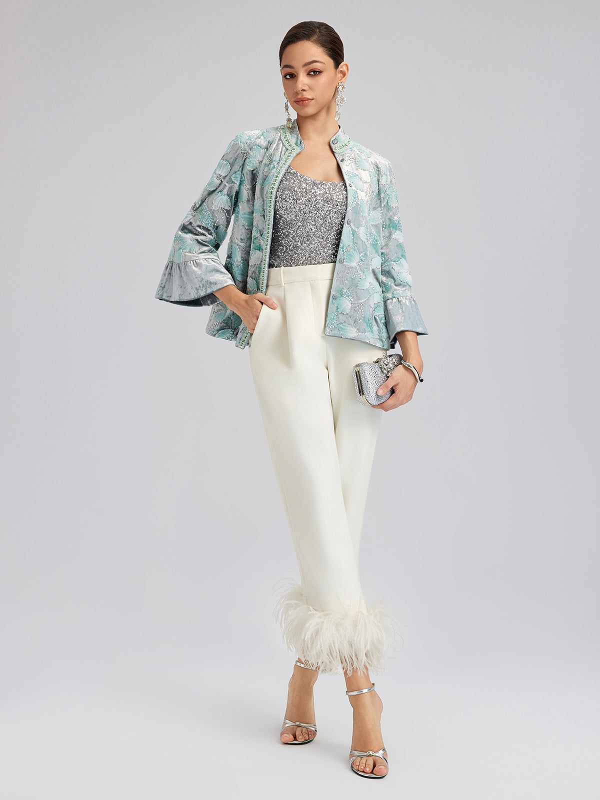High-Waist Feather Trim Pants