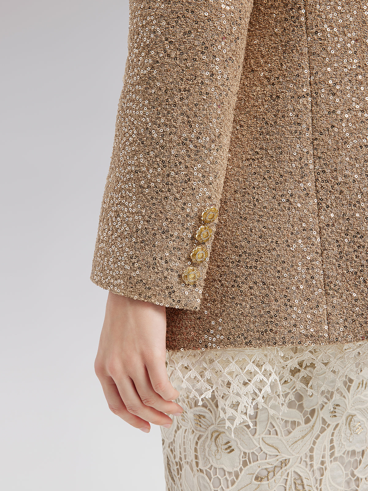 Gold Sequined Camellia Brooch Jacket