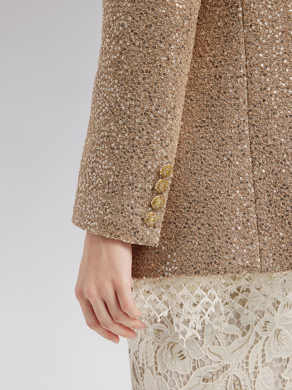 Gold Sequined Camellia Brooch Jacket