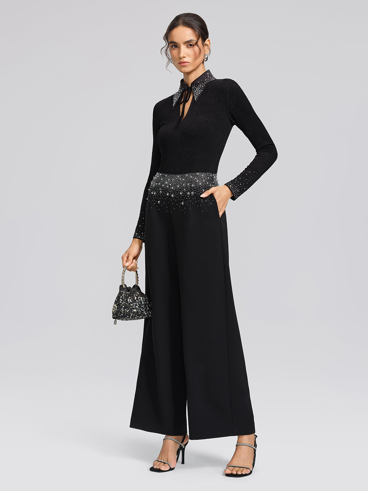 Textured Rhinestone Pointed-Collar Blouse