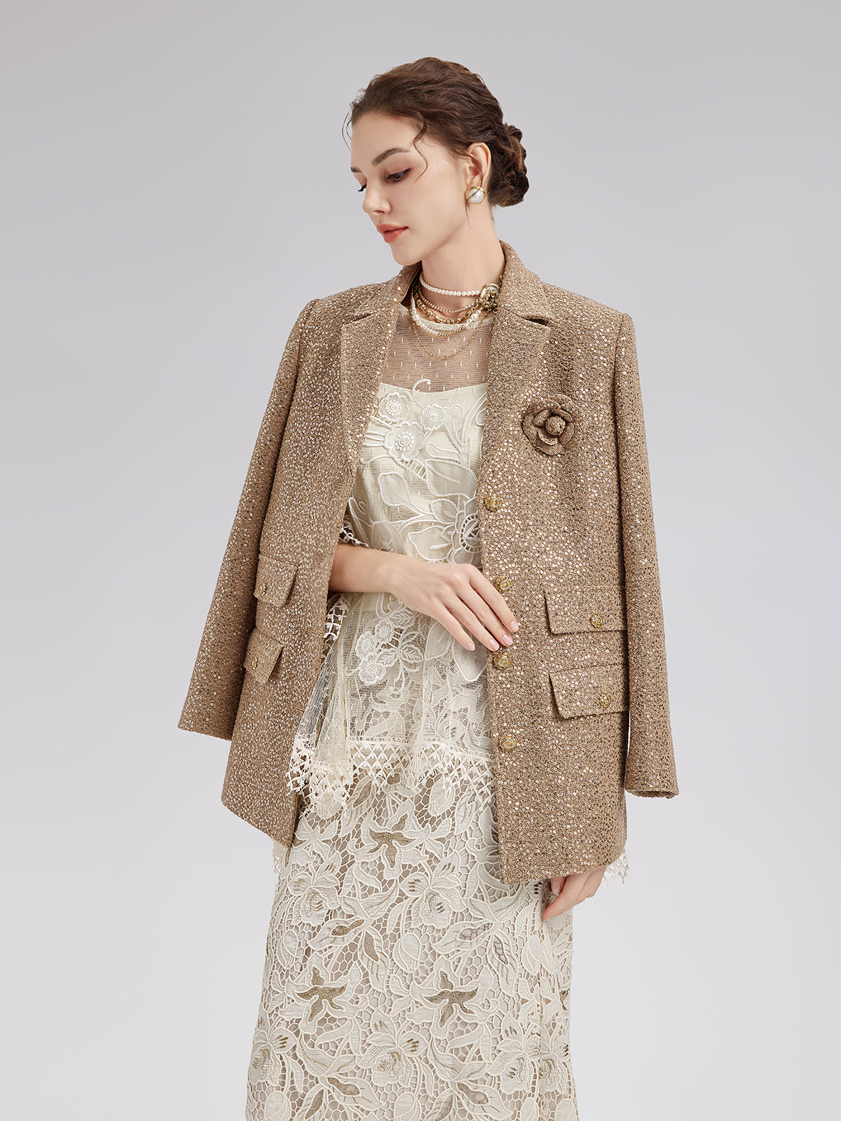 Gold Sequined Camellia Brooch Jacket