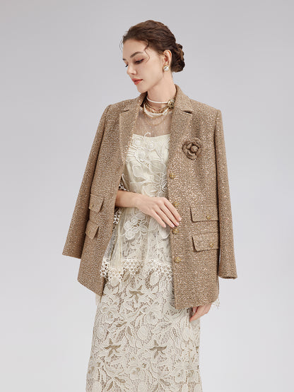 Gold Sequined Camellia Brooch Jacket