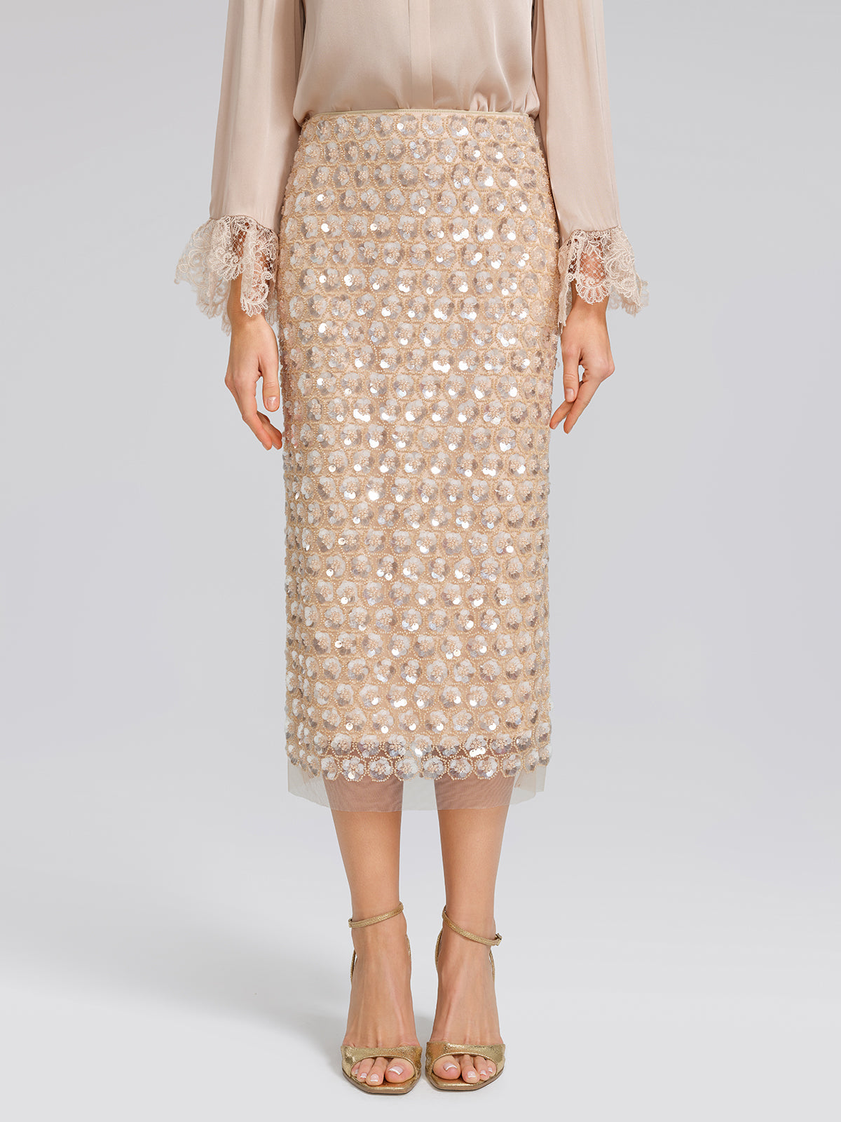 Art Floral Sequin Elastic-Waist Skirt
