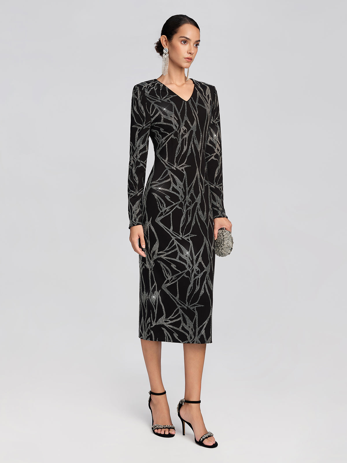 Stretch Fabric Rhinestone Bamboo Pattern Dress