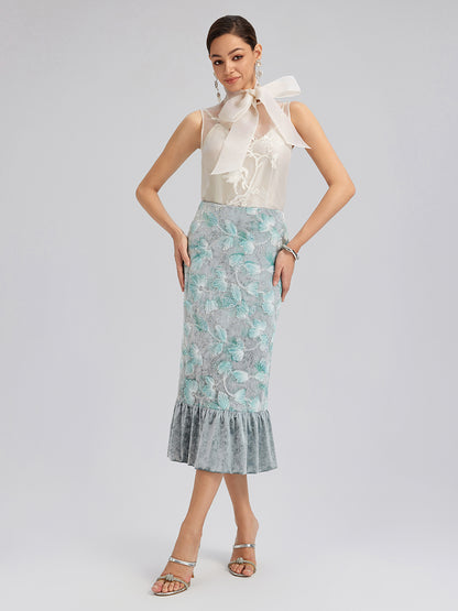 Beaded Floral Embroidered Velvet Tulip Skirt