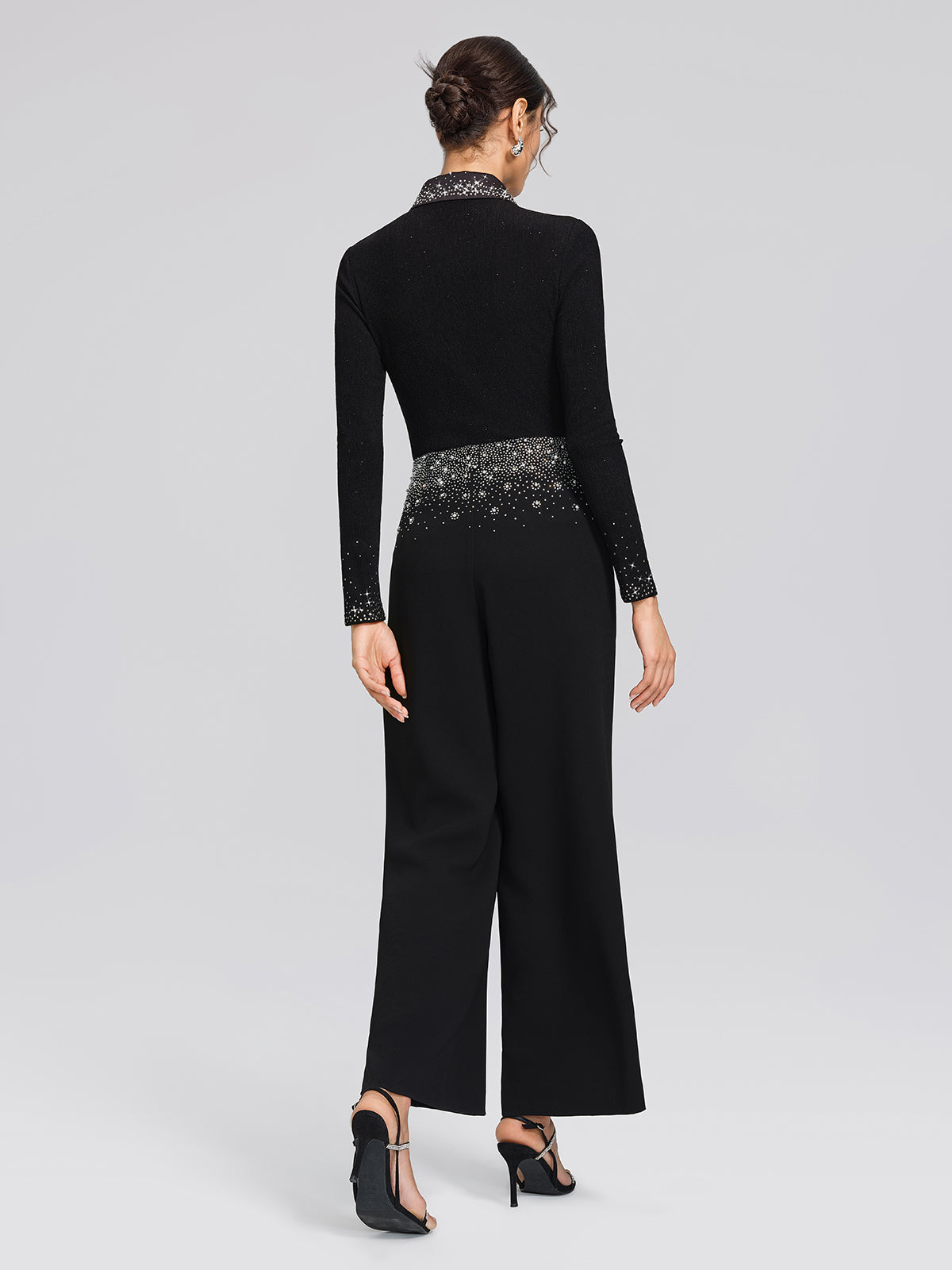 Textured Rhinestone Pointed-Collar Blouse