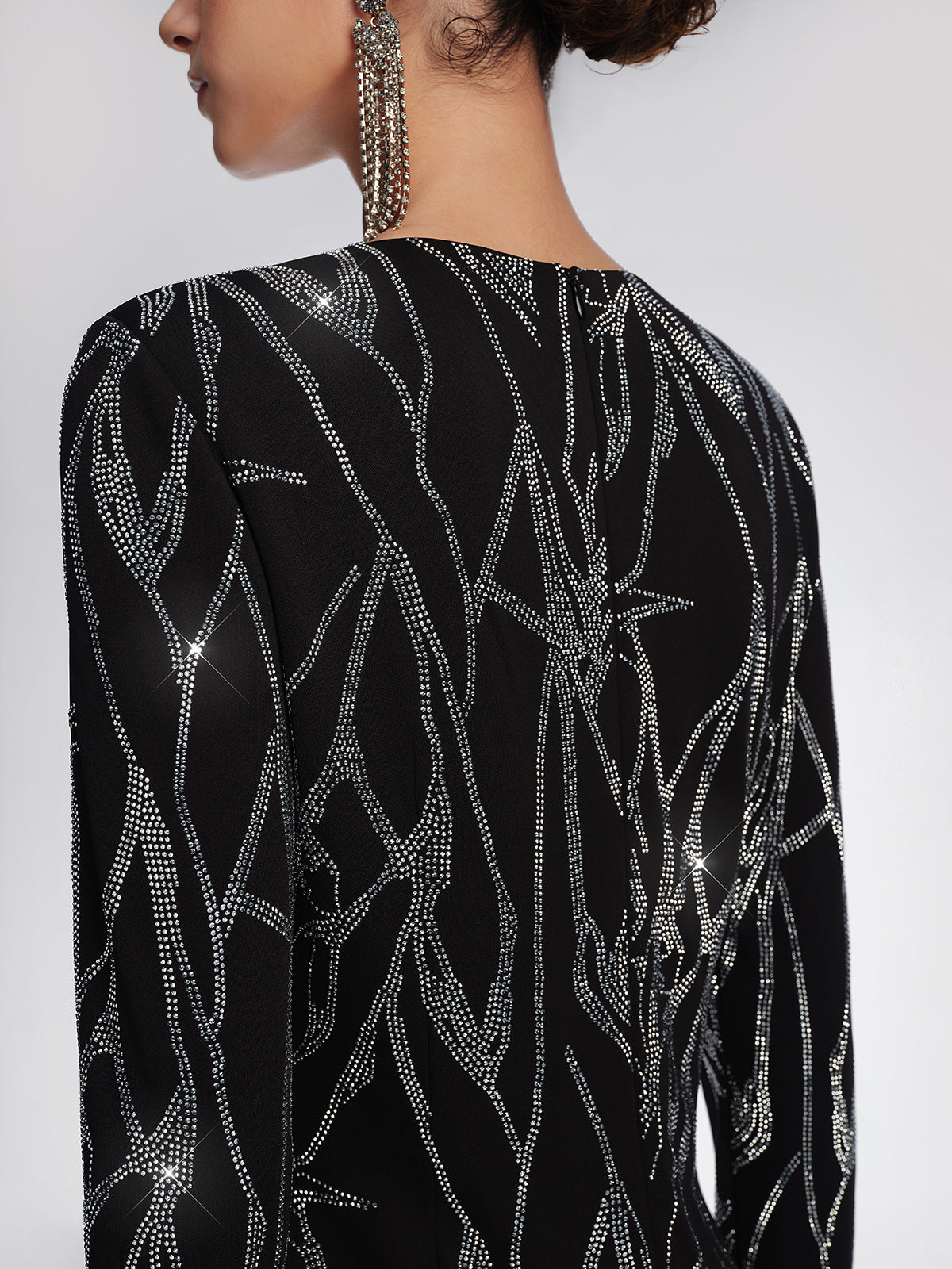 Stretch Fabric Rhinestone Bamboo Pattern Dress