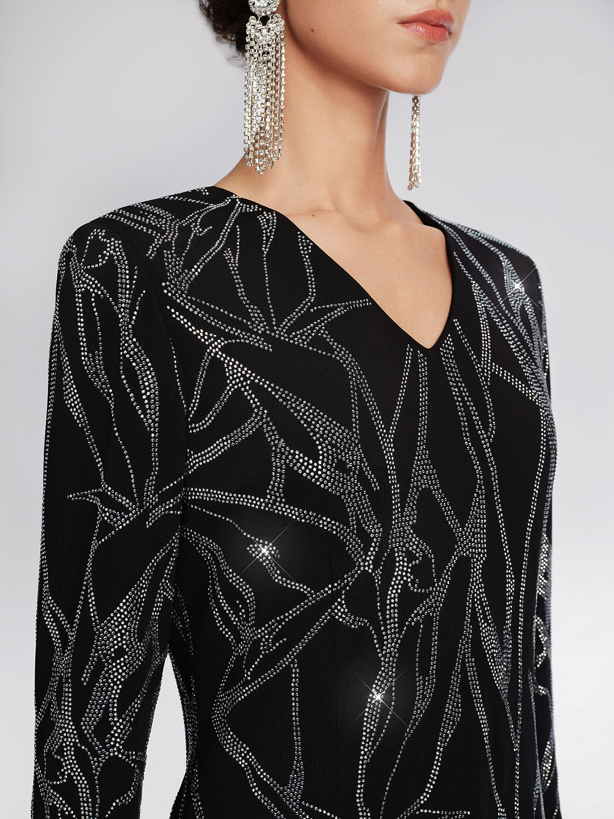 Stretch Fabric Rhinestone Bamboo Pattern Dress
