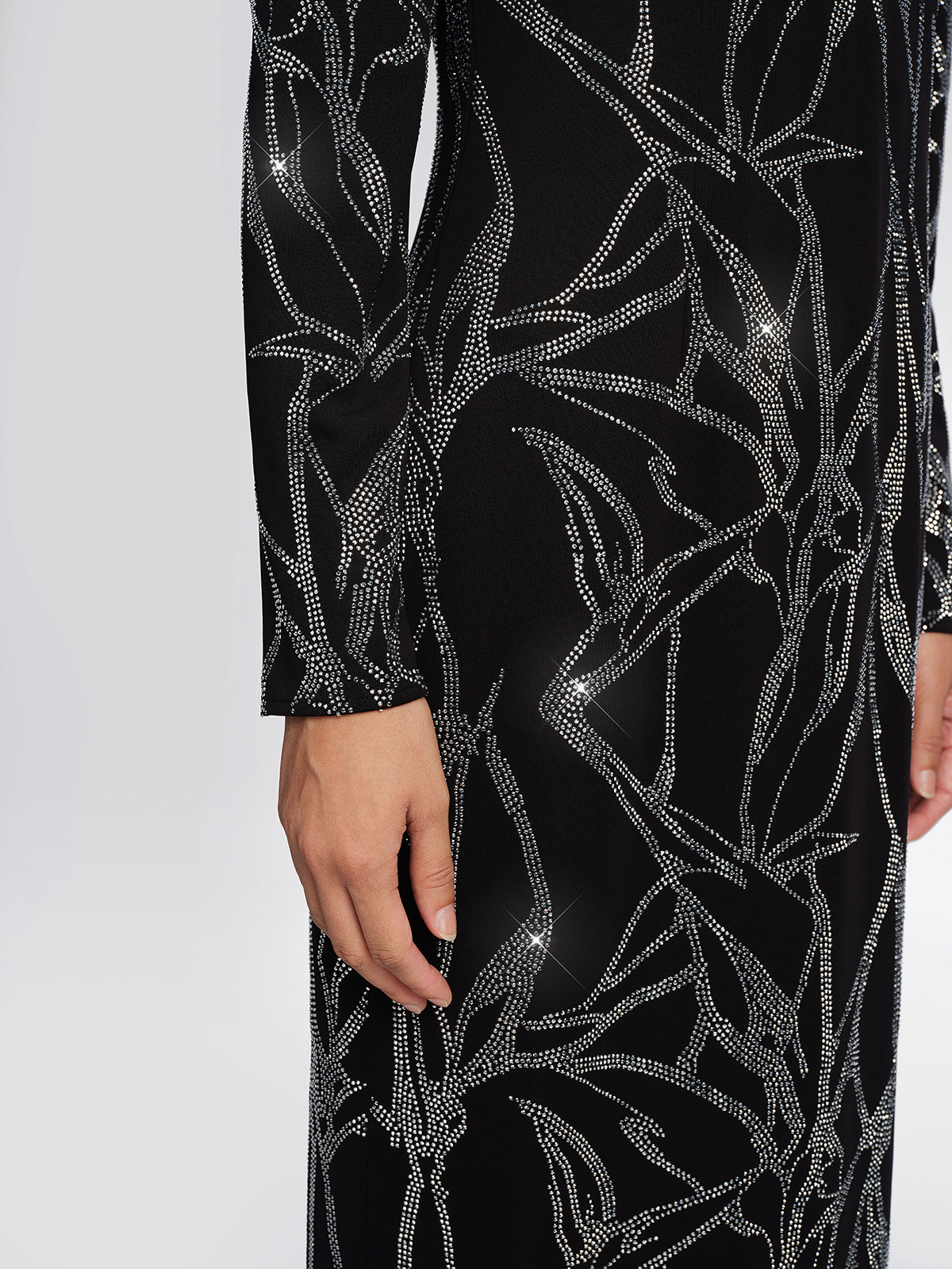 Stretch Fabric Rhinestone Bamboo Pattern Dress
