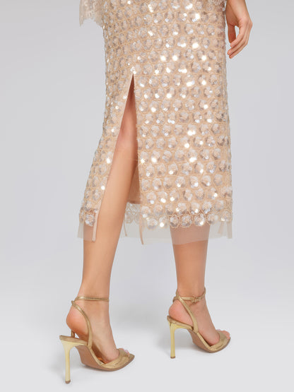 Art Floral Sequin Elastic-Waist Skirt