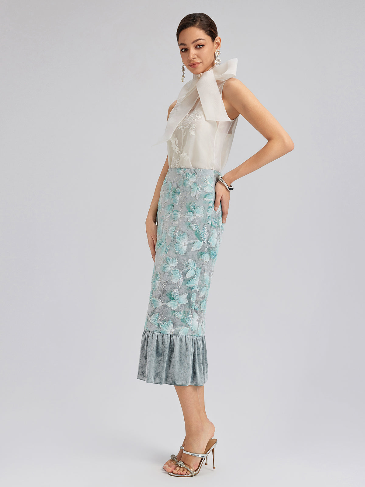 Beaded Floral Embroidered Velvet Tulip Skirt