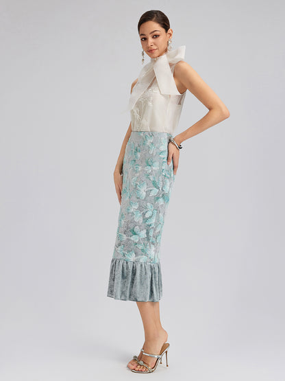Beaded Floral Embroidered Velvet Tulip Skirt