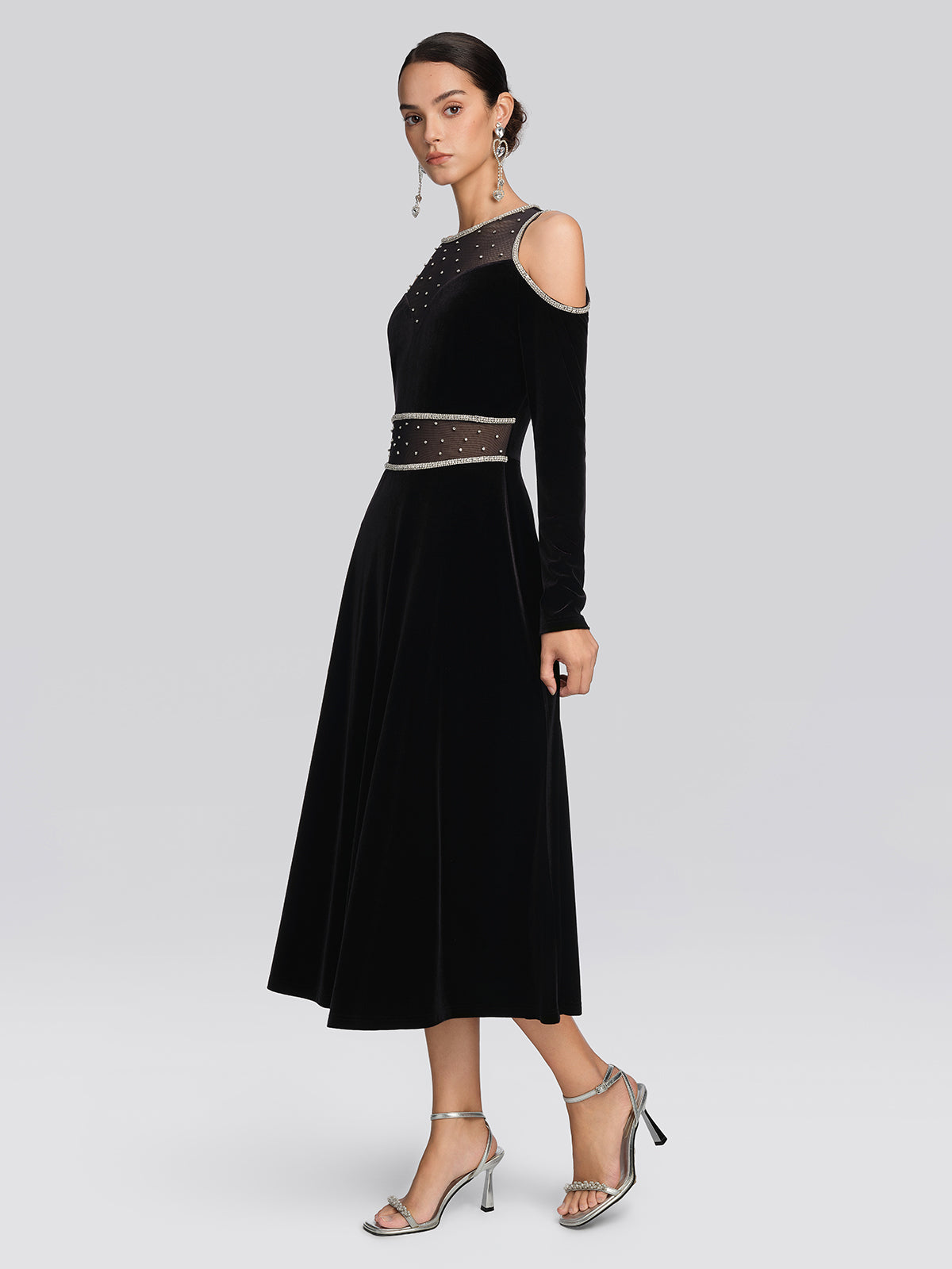 Velvet Crystal Mesh Cold-Shoulder Dress