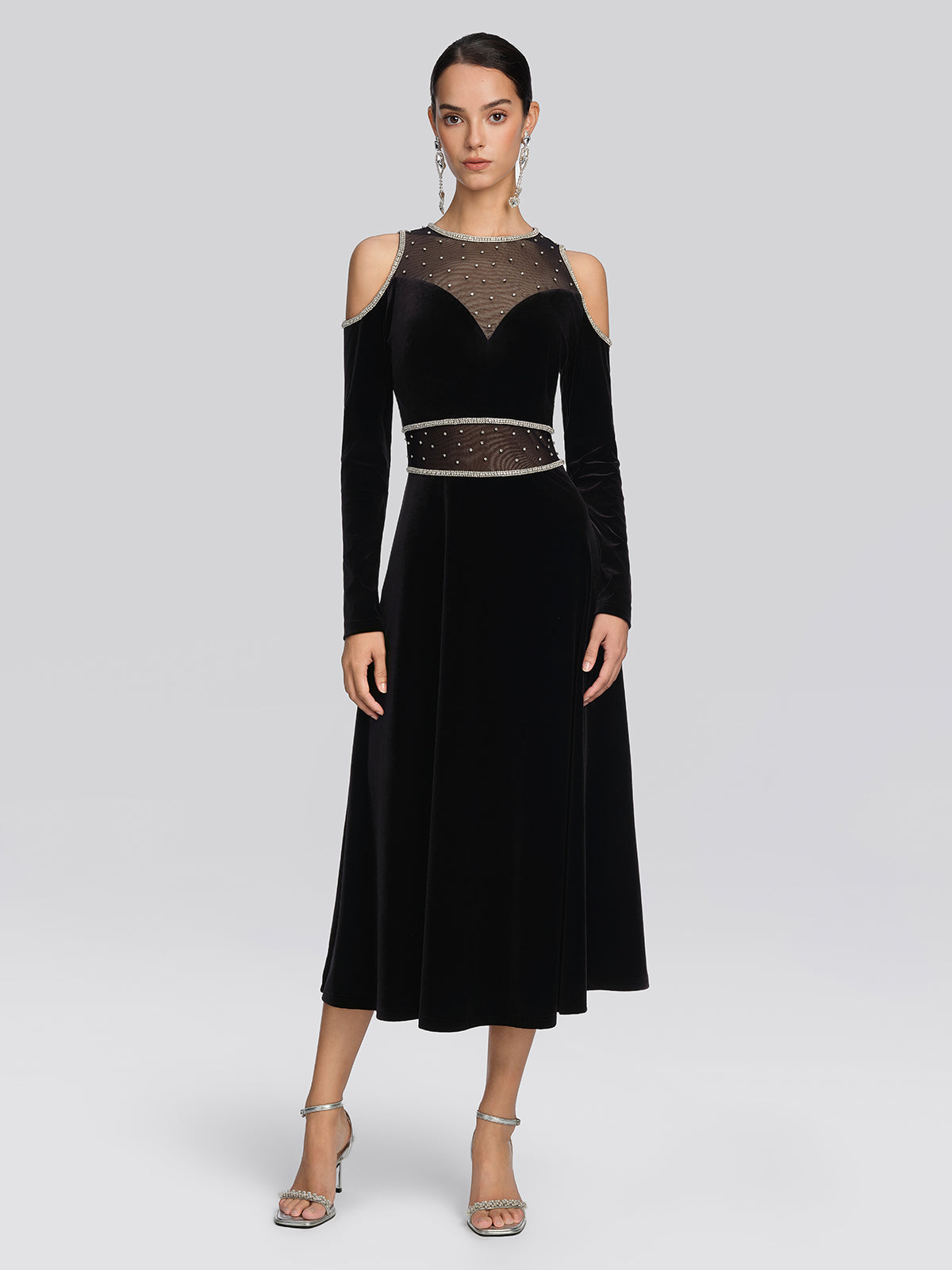 Velvet Crystal Mesh Cold-Shoulder Dress