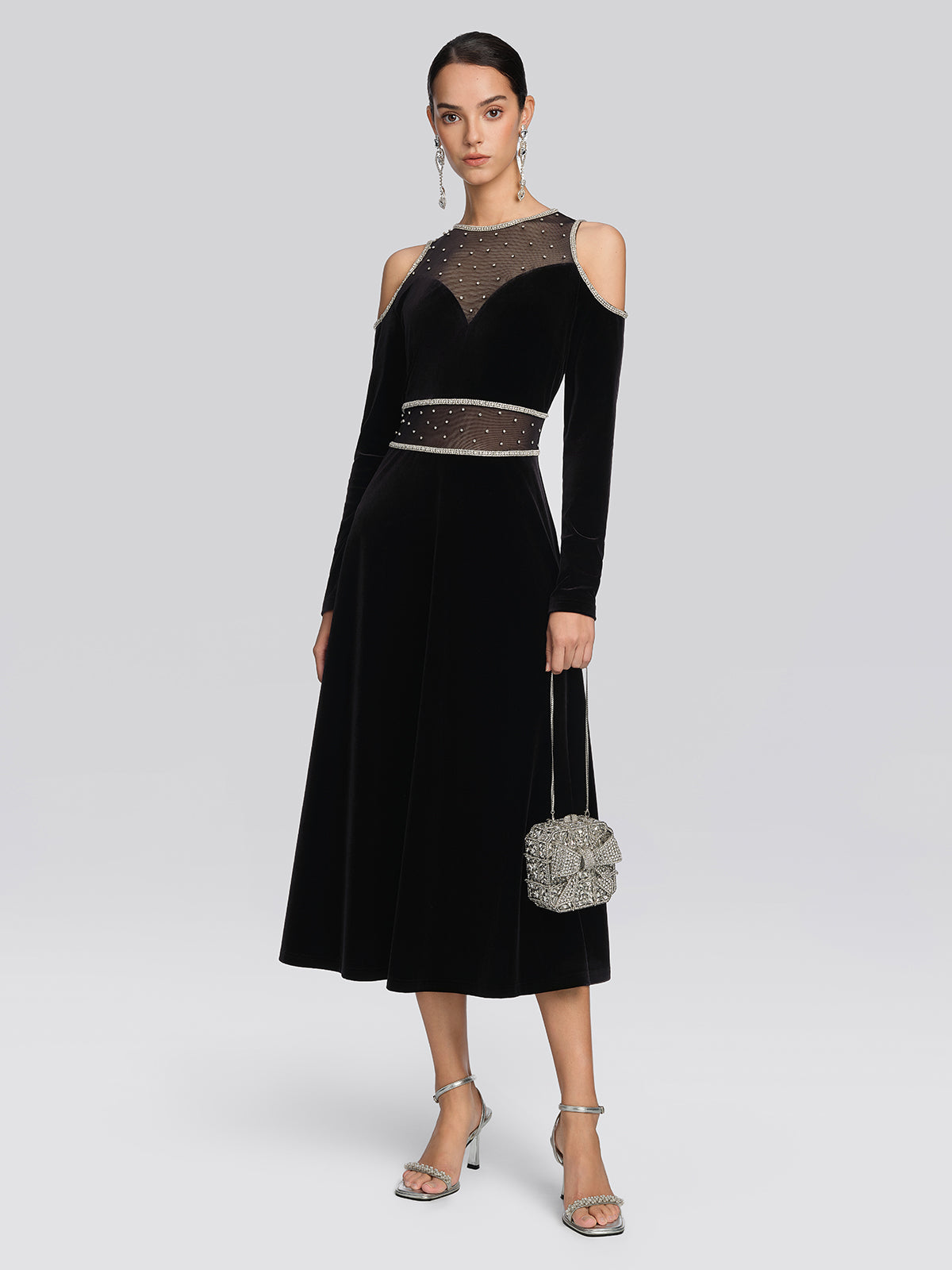 Velvet Crystal Mesh Cold-Shoulder Dress